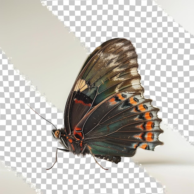 a butterfly with a red tail is shown on a white background