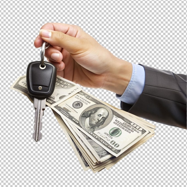 PSD buy or rental car human hand holds auto and money on transparent background