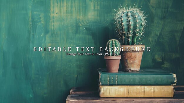 PSD cactus and books on wooden shelf with green wall