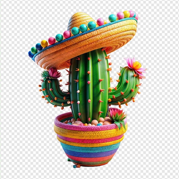 a cactus planter with colorful flowers and a cactus png isolated on transparent background