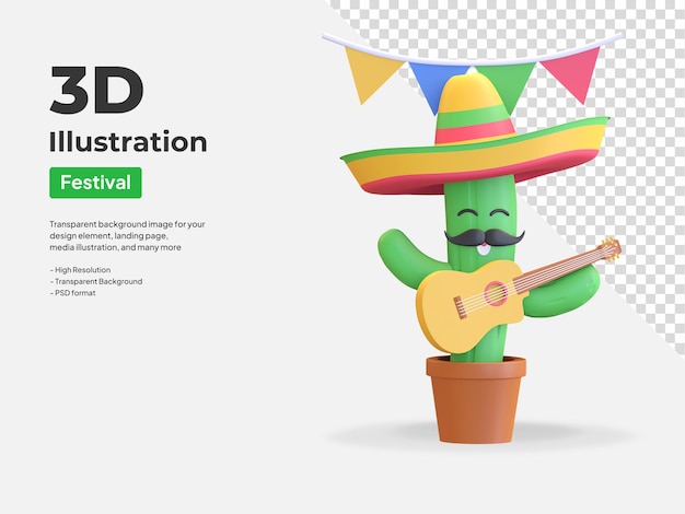 Cactus playing guitar 3d illustration render