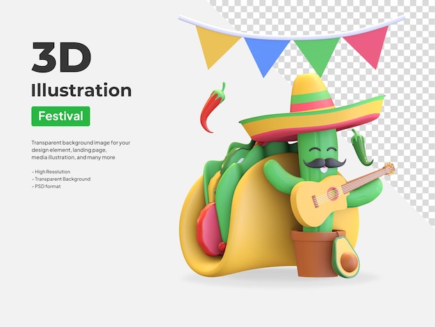 Cactus playing guitar with taco 3d illustration render