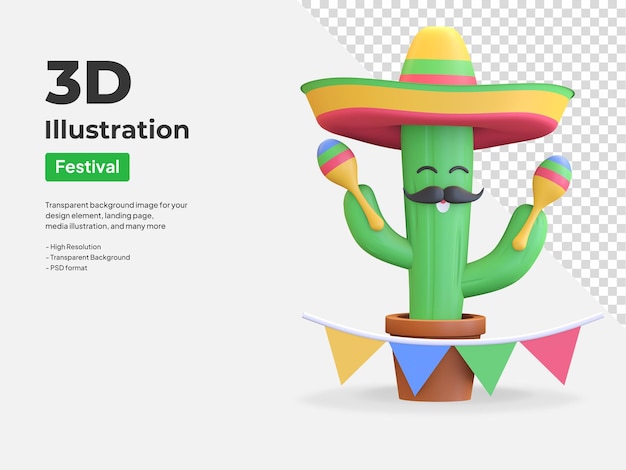 Cactus playing maracas 3d illustration render