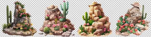 Cactus Rock Garden Set Isolated on Transparent Background