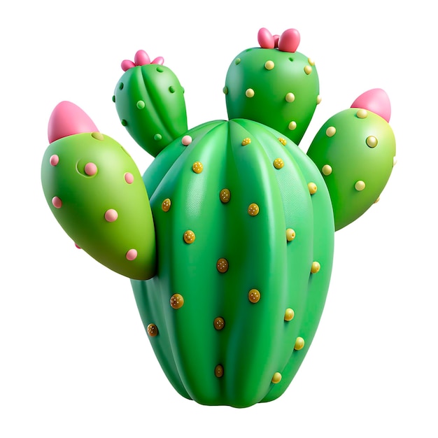 a cactus with pink flowers and yellow dots on it