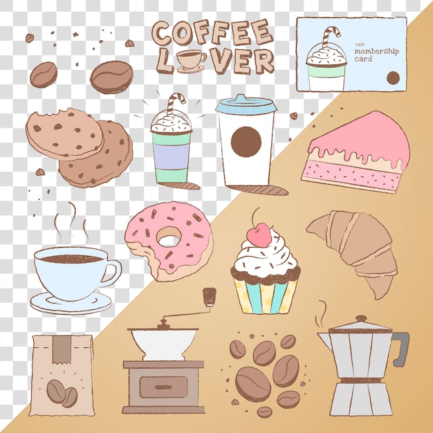 PSD cafe png sticker set coffee and cake clipart