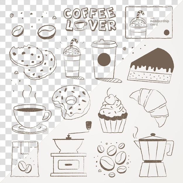 Cafe png sticker set coffee and cake doodle