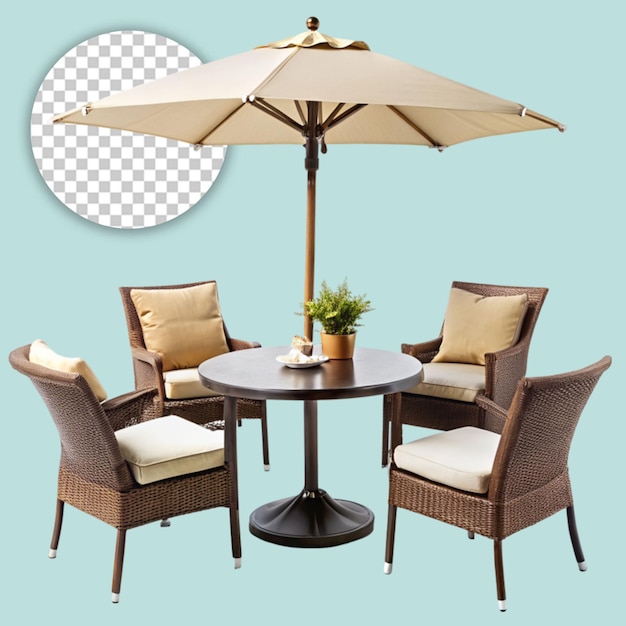 PSD cafe table chair parasol isolated on transparent background