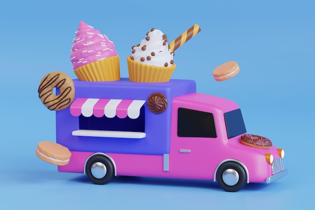 Cake food truck 3d illustration Bakery truck Sweets Breakfast Bakery Food Truck Delivery Master