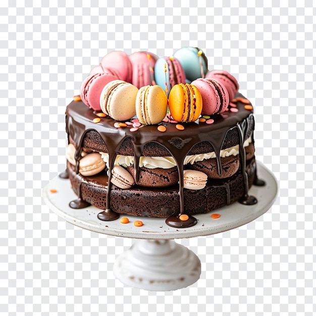 Cake poured with chocolate and decorated birthday cake on transparent background