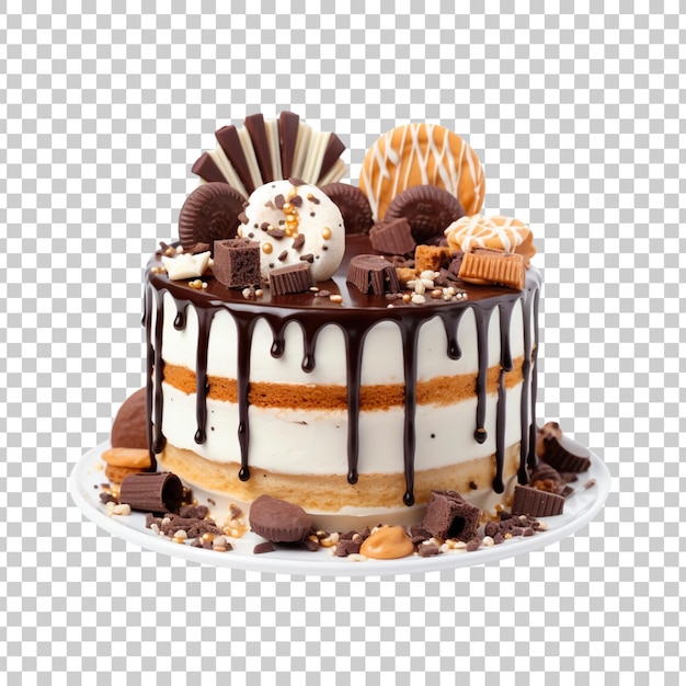 cake poured with chocolate and decorated with different cookies on a transparent background