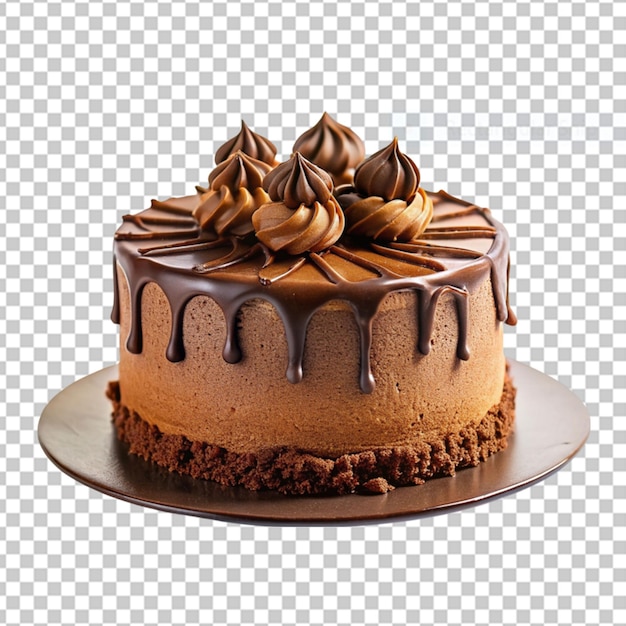 Cake poured with chocolate and decorated with different cookies on a transparent background