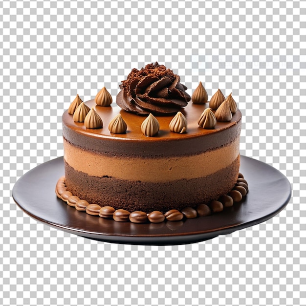 Cake poured with chocolate and decorated with different cookies on a transparent background