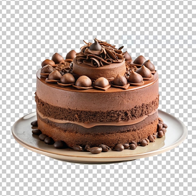 Cake poured with chocolate and decorated with different cookies on a transparent background