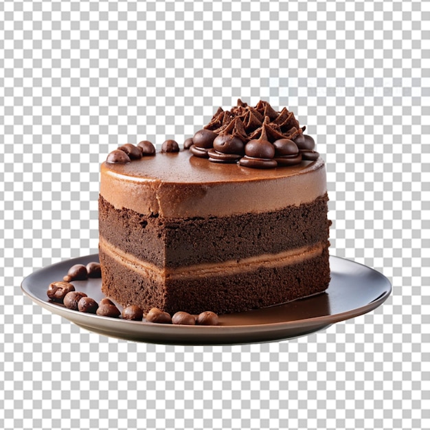 Cake poured with chocolate and decorated with different cookies on a transparent background