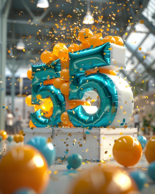 PSD a cake with balloons and orange balloons that say the number 55