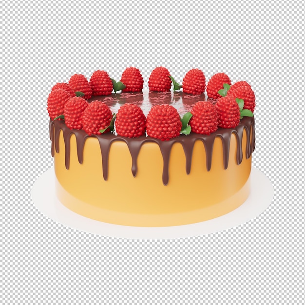 A cake with chocolate icing and raspberries on it.