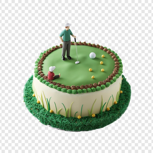 a cake with a golf ball on it and a man standing on the golf course