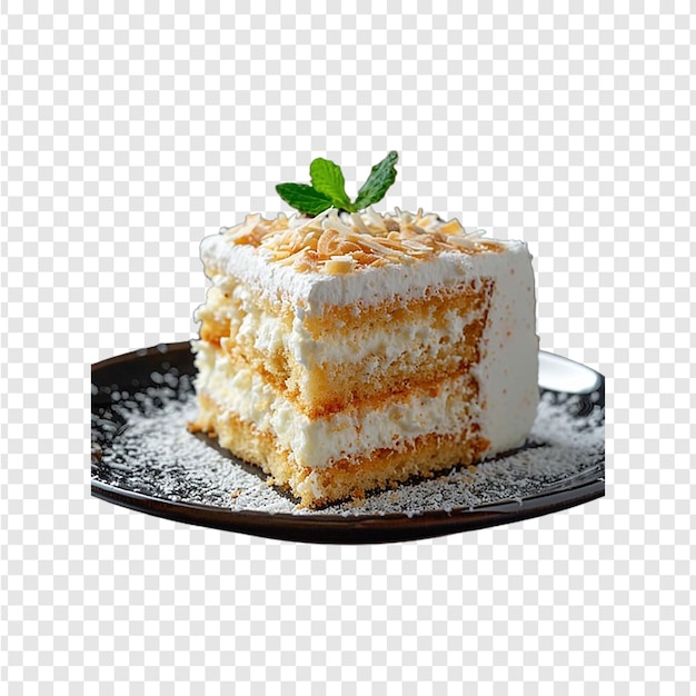 PSD a cake with a piece of cake on a black plate with a white background