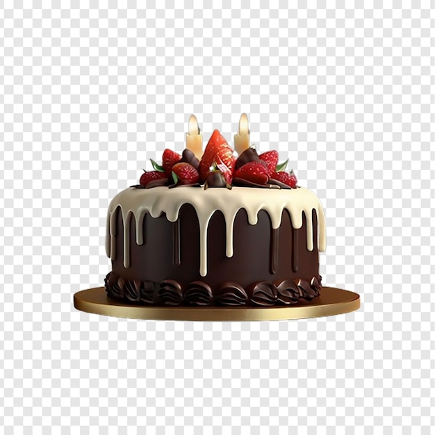 PSD a cake with strawberries and chocolate frosting with candles on a gold background