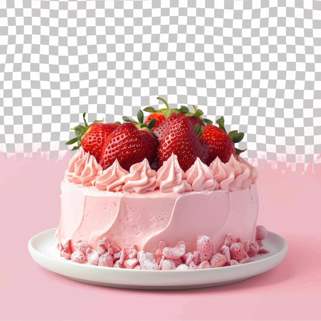 PSD a cake with strawberries on it sits on a pink table