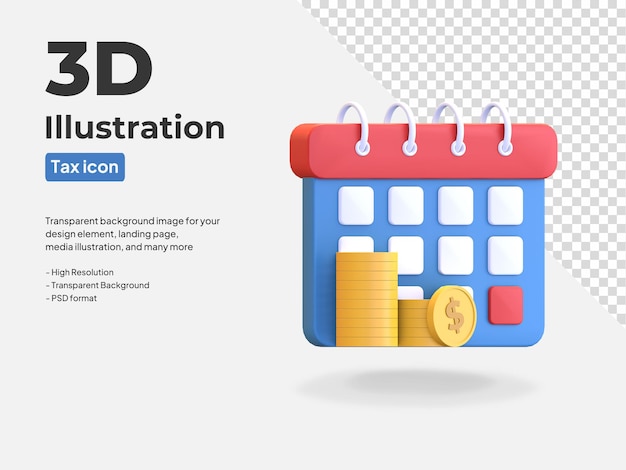 calendar tax with coin icon 3d rendered illustration