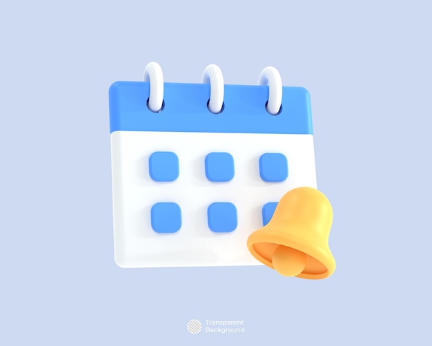 Calendar with bell icon isolated 3d render illustration