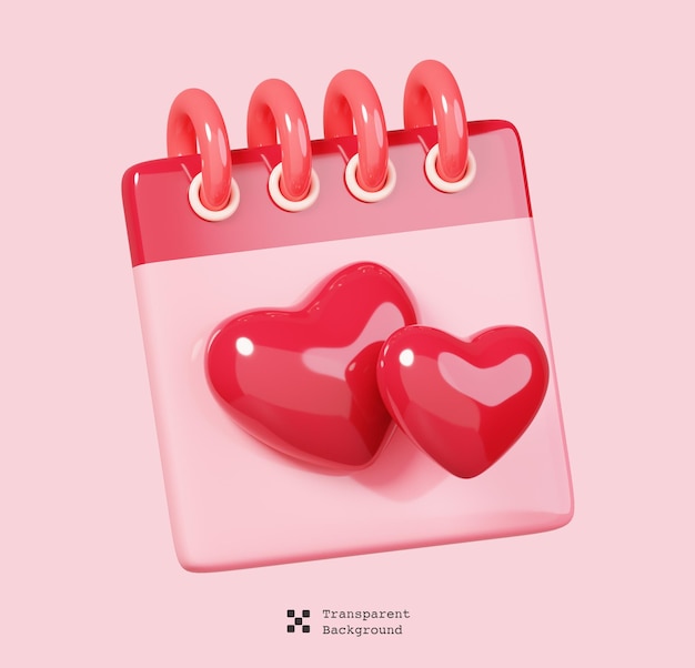 Calendar with two hearts shape isolated. 14 February Happy Valentine's Day icon. 3D rendering