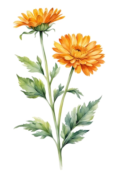 PSD calendula yellow flower with green leaves for wedding frame decoration