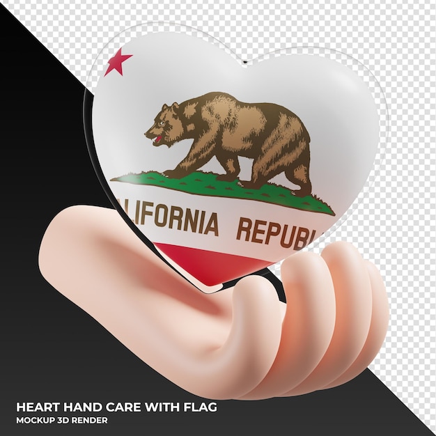 California flag with heart hand care realistic 3d textured