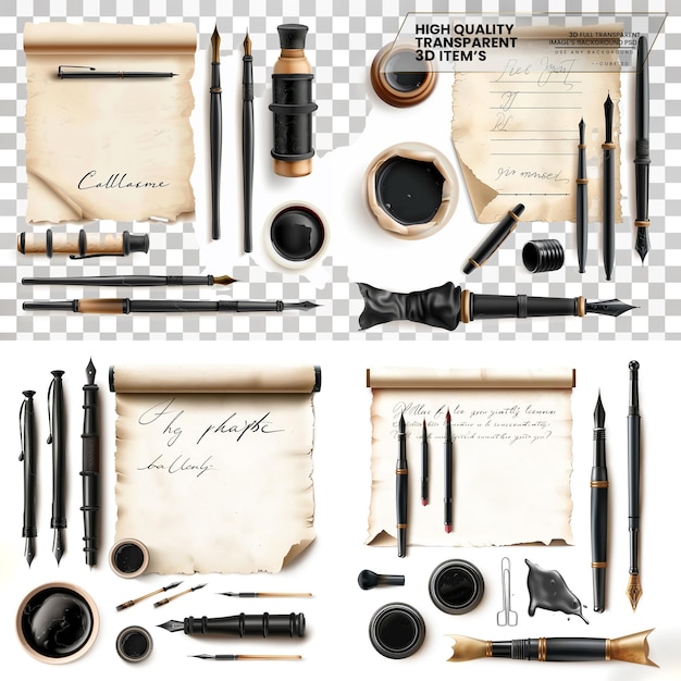 PSD calligraphy set a calligraphy set with pens ink and nibs on transparent background