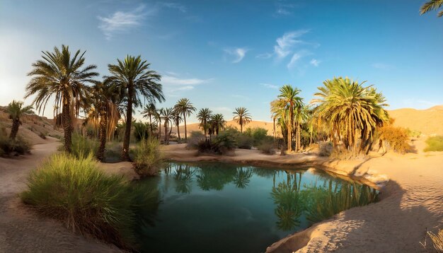 PSD a calm desert oasis with palm trees and a small pond