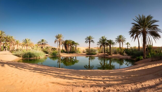 PSD a calm desert oasis with palm trees and a small pond