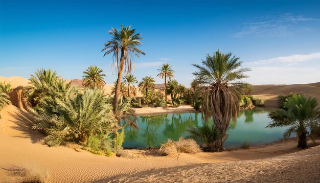 PSD a calm desert oasis with palm trees and a small pond