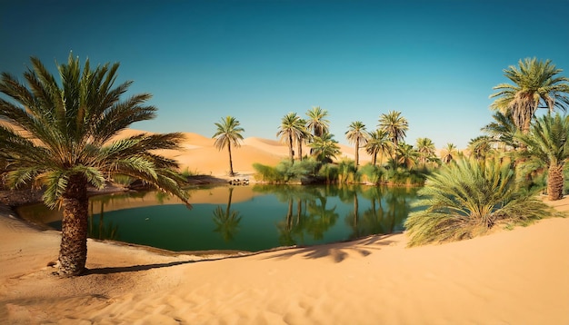 PSD a calm desert oasis with palm trees and a small pond