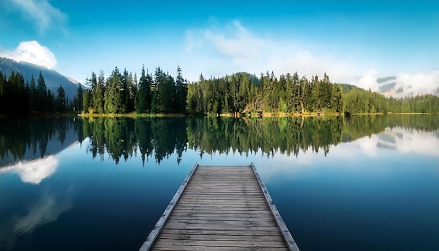 PSD a calm lake with a wooden pier and reflections of the surrounding forest