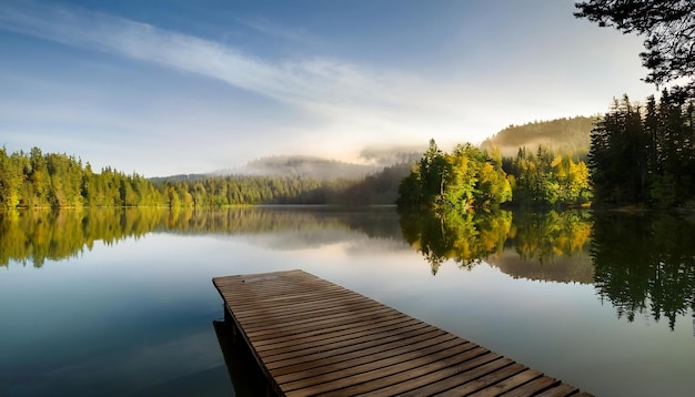 PSD a calm lake with a wooden pier and reflections of the surrounding forest