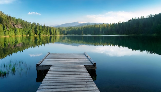 PSD a calm lake with a wooden pier and reflections of the surrounding forest