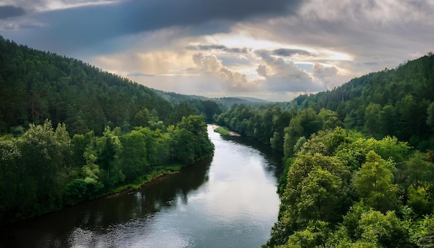 PSD a calm river winding through a dense forest under a cloudy sky