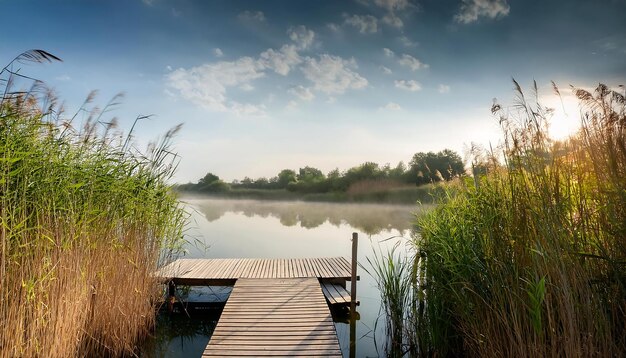 A calm riverbank with a small wooden dock and reeds swaying in the breeze