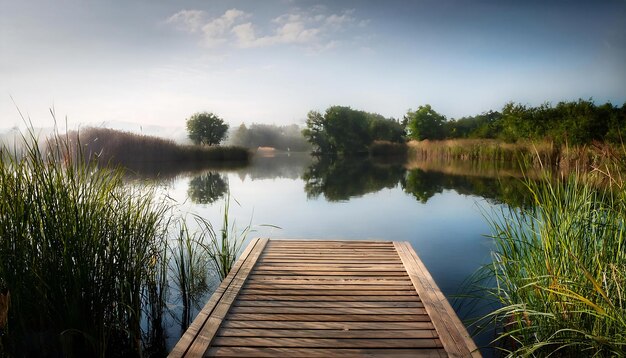 PSD a calm riverbank with a small wooden dock and reeds swaying in the breeze