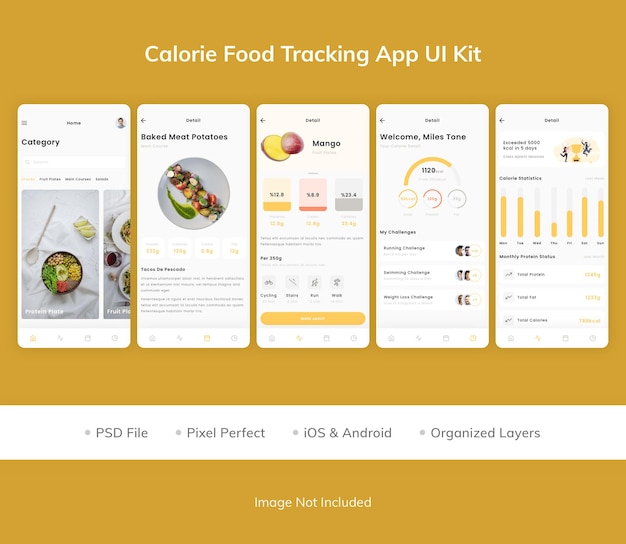 PSD calorie food tracking app ui kit