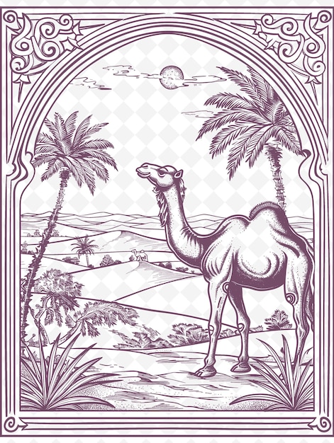 PSD a camel is standing in the desert with palm trees in the background