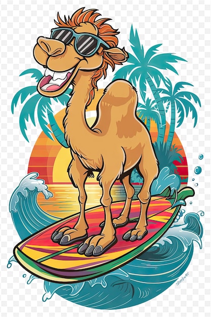 a camel on a surfboard with palm trees in the background