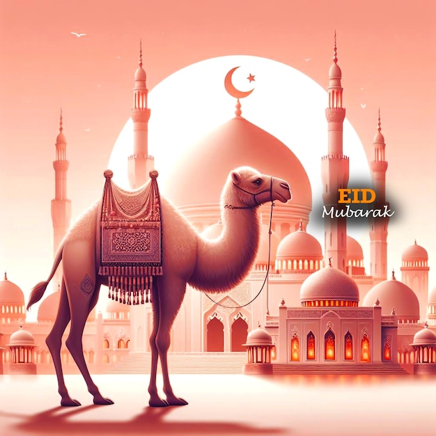 a camel with a camel and a mosque in the background