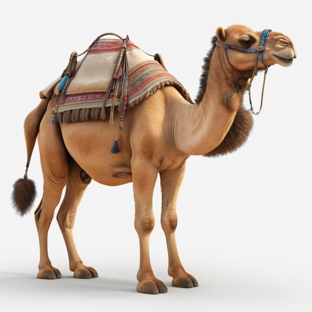 camel with a saddle on its back standing in front of a white background