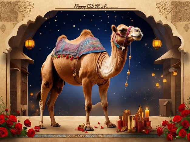 a camel with a scarf on its head is decorated with a star and a star