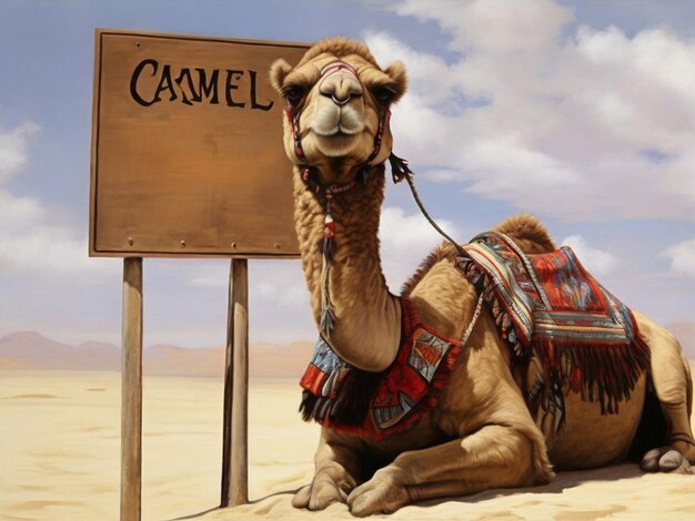 A camel with a sign that says quot camel quot on it