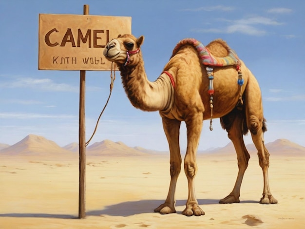 A camel with a sign that says quot camel quot on it