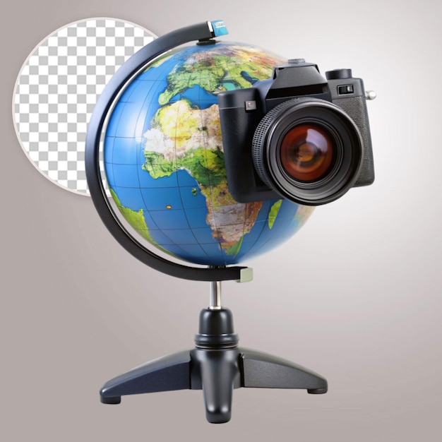 Camera lens and world globe on transparent background